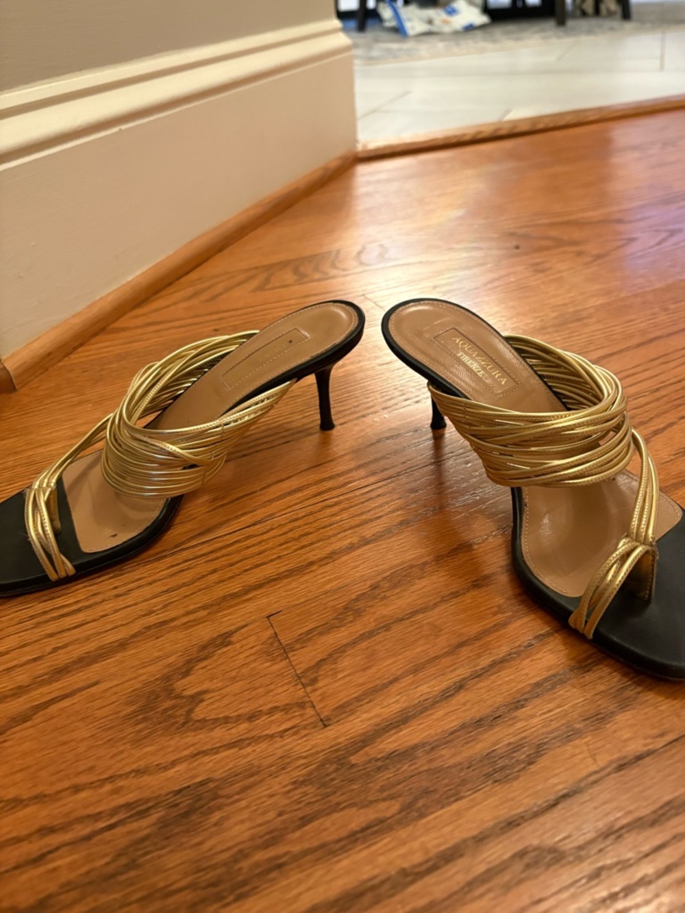 Aquazzura Gold Strappy Mule Sandals with Black Sole